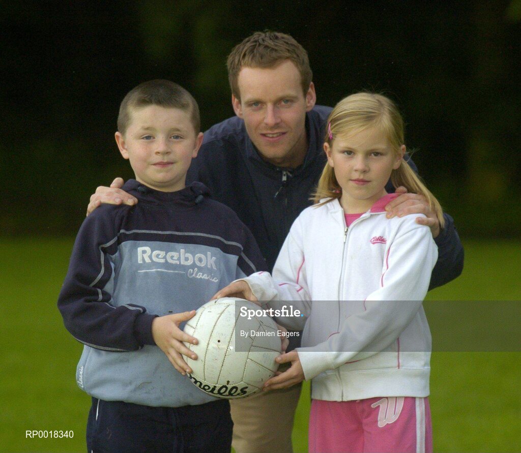 1 June 2005; "GPA and Energise Sport support first ever residential Gaelic Football Summer Camp." At the announcement are Dermot McArdle, Monaghan Footballer, with young footballers Lauren McConville, from Armagh, and Frankie Farrell, from Dublin. Castleknock College, Castleknock, Dublin. Picture credit; Damien Eagers / SPORTSFILE