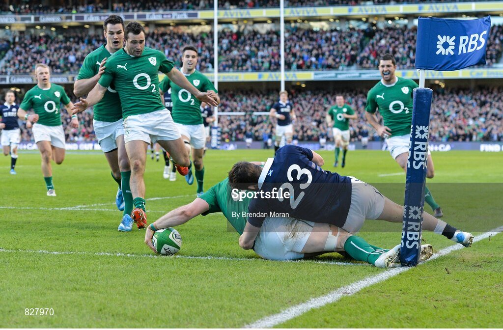 2 February 2014; Ireland's Jamie Heaslip steps into touch as he touches the ball down for a disallowed try under pressure from Scotland's Max Evans. RBS Six Nations Rugby Championship, Ireland v Scotland, Aviva Stadium, Lansdowne Road, Dublin. Picture credit: Brendan Moran / SPORTSFILE
