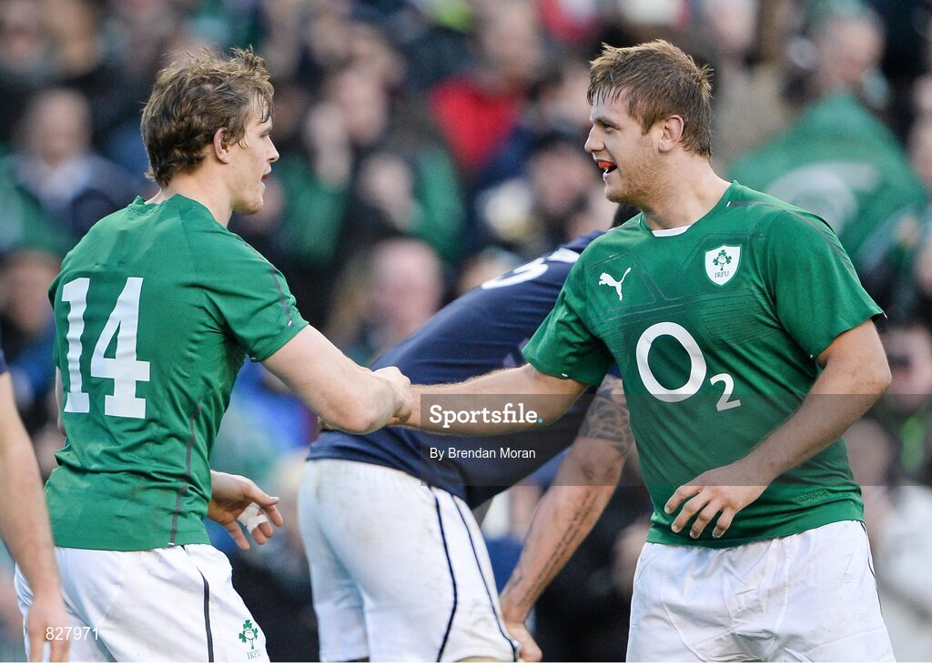 2 February 2014; Ireland's Andrew Trimble celebrates scoring a try with teammate Chris Henry, right. RBS Six Nations Rugby Championship, Ireland v Scotland, Aviva Stadium, Lansdowne Road, Dublin. Picture credit: Brendan Moran / SPORTSFILE
