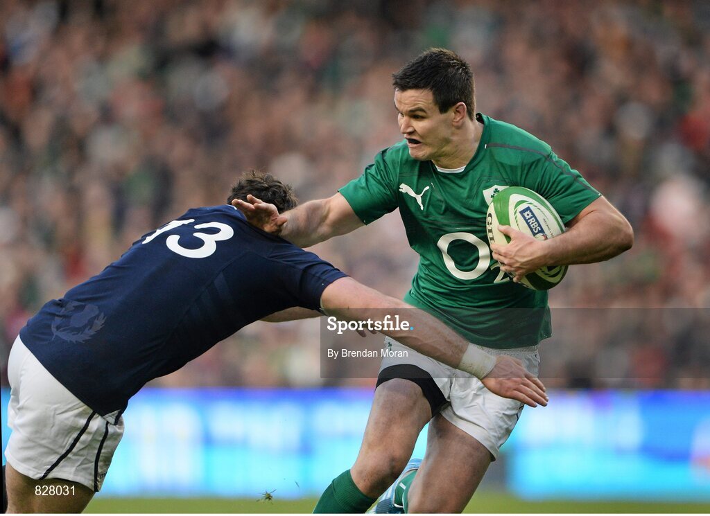 2 February 2014; Jonathan Sexton, Ireland, is tackled by Alex Dunbar, Scotland. RBS Six Nations Rugby Championship, Ireland v Scotland, Aviva Stadium, Lansdowne Road, Dublin. Picture credit: Brendan Moran / SPORTSFILE