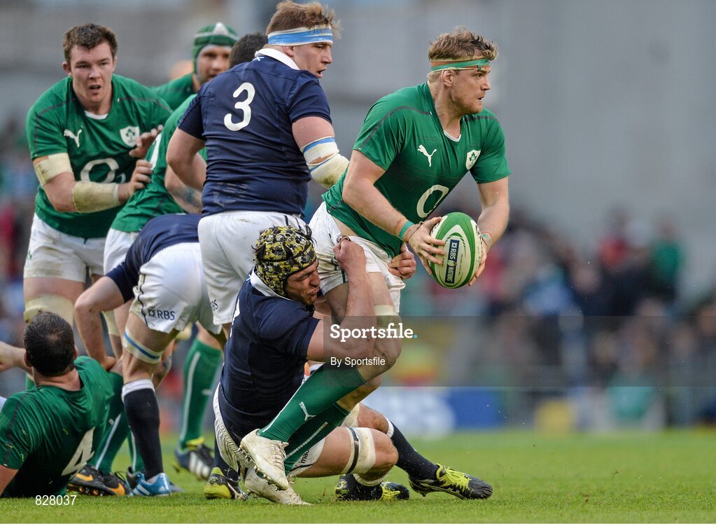 2 February 2014; Jamie Heaslip, Ireland, is tackled by Kelly Brown, Scotland. RBS Six Nations Rugby Championship, Ireland v Scotland, Aviva Stadium, Lansdowne Road, Dublin. Photo by Sportsfile