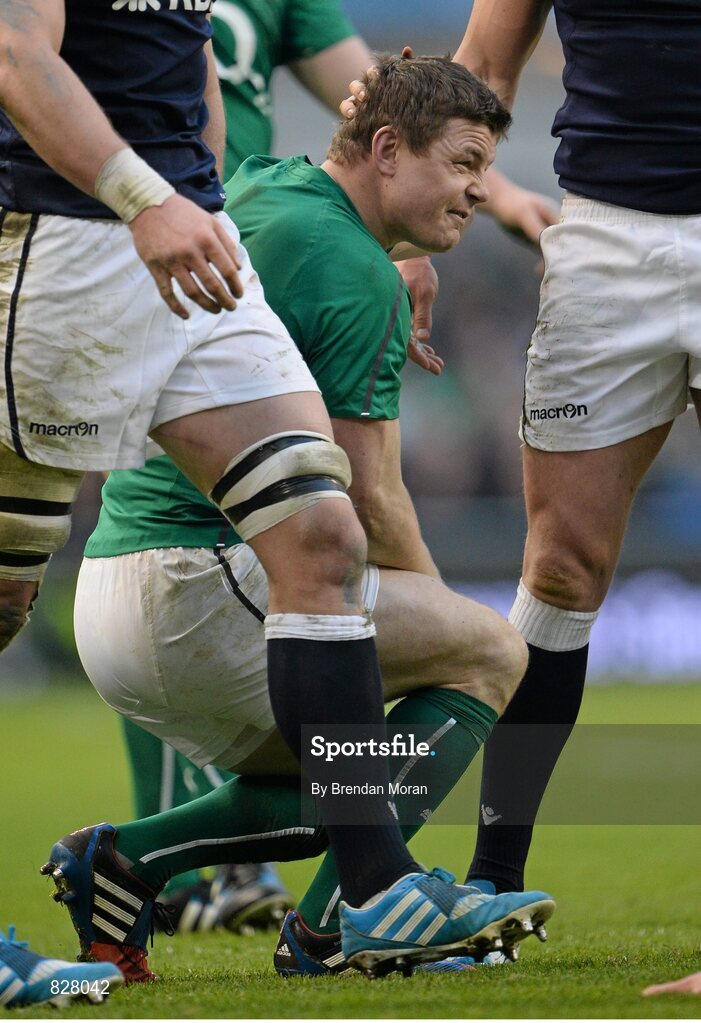 2 February 2014; Brian O'Driscoll, Ireland, reacts after receiving a knock to the head during play. RBS Six Nations Rugby Championship, Ireland v Scotland, Aviva Stadium, Lansdowne Road, Dublin. Picture credit: Brendan Moran / SPORTSFILE