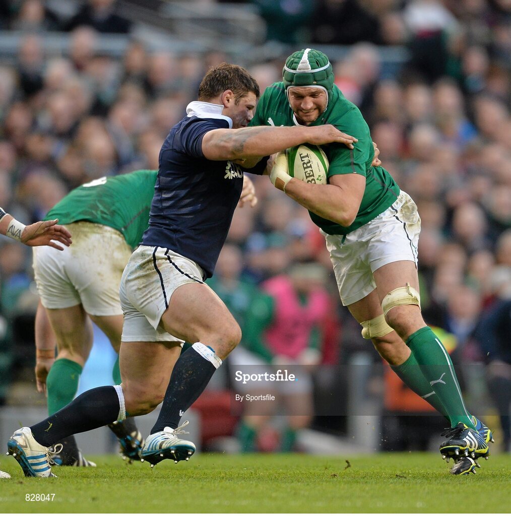 2 February 2014; Dan Tuohy, Ireland, is tackled by Ross Ford, Scotland. RBS Six Nations Rugby Championship, Ireland v Scotland, Aviva Stadium, Lansdowne Road, Dublin. Photo by Sportsfile