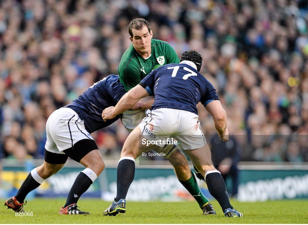 2 February 2014;Devin Toner, Ireland in action against Scotland's Geoff Cross, left, and Alasdair Dickinson. RBS Six Nations Rugby Championship, Ireland v Scotland, Aviva Stadium, Lansdowne Road, Dublin. Photo by Sportsfile