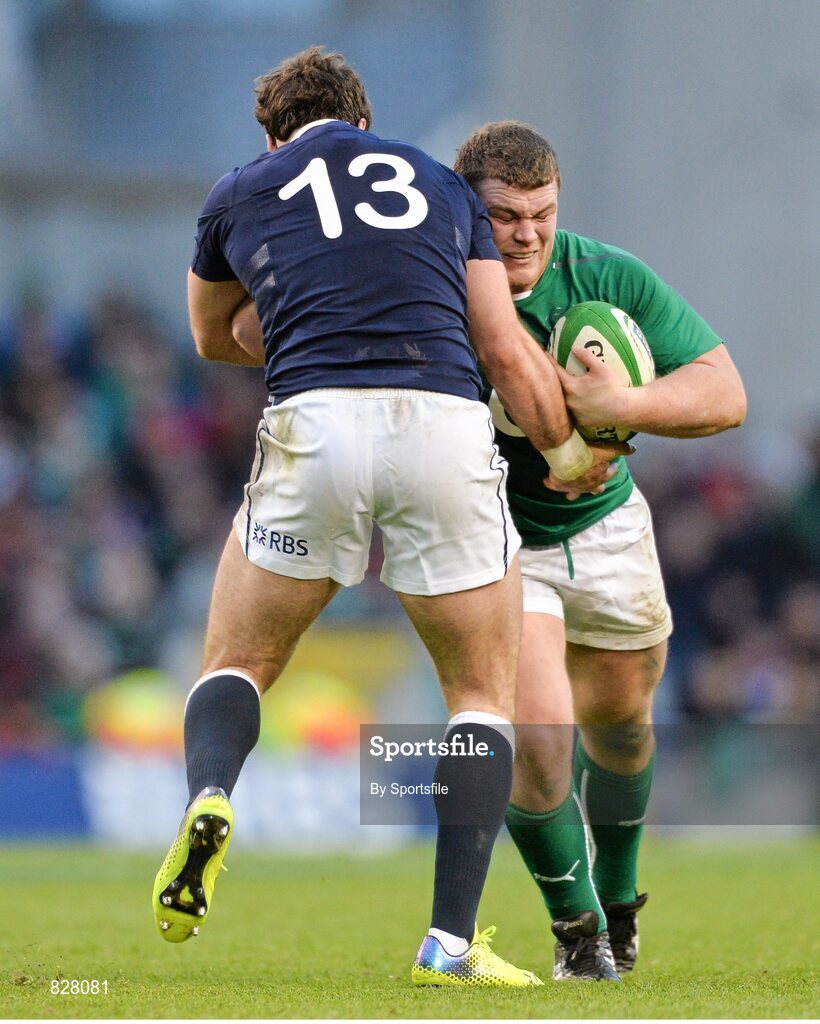 2 February 2014; Jack McGrath, Ireland, is tackled by Alex Dunbar, Scotland. RBS Six Nations Rugby Championship, Ireland v Scotland, Aviva Stadium, Lansdowne Road, Dublin. Photo by Sportsfile