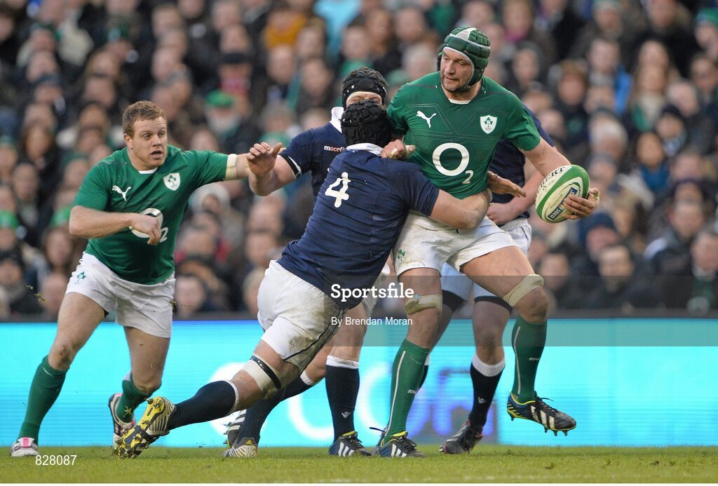 2 February 2014; Dan Tuohy, Ireland, is tackled by Tim Swinson, Scotland. RBS Six Nations Rugby Championship, Ireland v Scotland, Aviva Stadium, Lansdowne Road, Dublin. Picture credit: Brendan Moran / SPORTSFILE
