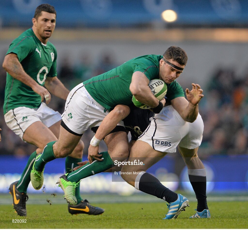 2 February 2014; Fergus McFadden, Ireland, is tackled by Matt Scott, Scotland. RBS Six Nations Rugby Championship, Ireland v Scotland, Aviva Stadium, Lansdowne Road, Dublin. Picture credit: Brendan Moran / SPORTSFILE