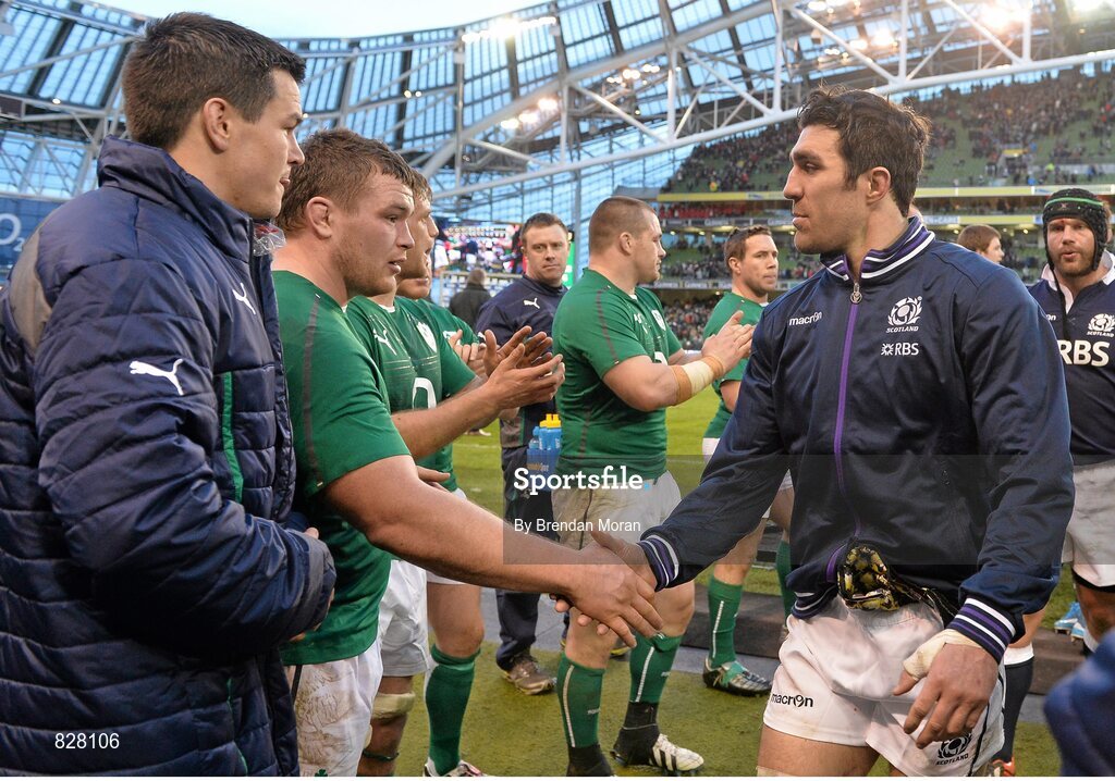 2 February 2014; Scotland captain Kelly Brown shakes hands with Ireland's Jack McGrath after the game. RBS Six Nations Rugby Championship, Ireland v Scotland, Aviva Stadium, Lansdowne Road, Dublin. Picture credit: Brendan Moran / SPORTSFILE