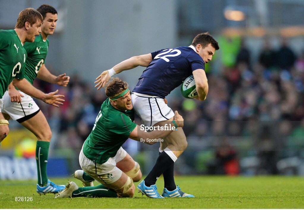 2 February 2014; Matt Scott, Scotland, is tackled by Jamie Heaslip, Ireland. RBS Six Nations Rugby Championship, Ireland v Scotland, Aviva Stadium, Lansdowne Road, Dublin. Photo by Sportsfile