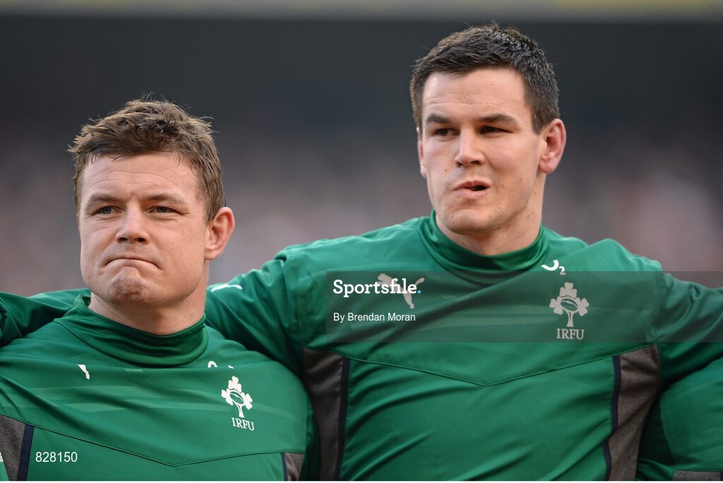 2 February 2014; Ireland's Brian O'Driscoll, left, and Jonathan Sexton during the lineup. RBS Six Nations Rugby Championship, Ireland v Scotland, Aviva Stadium, Lansdowne Road, Dublin. Picture credit: Brendan Moran / SPORTSFILE