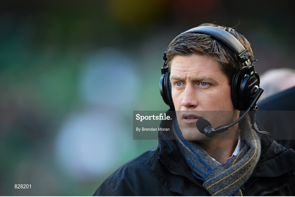 2 February 2014; Former Ireland out-half and Racing Metro assistant coach Ronan O'Gara, in his role as television analyst for RTE, watches the game. RBS Six Nations Rugby Championship, Ireland v Scotland, Aviva Stadium, Lansdowne Road, Dublin. Picture credit: Brendan Moran / SPORTSFILE