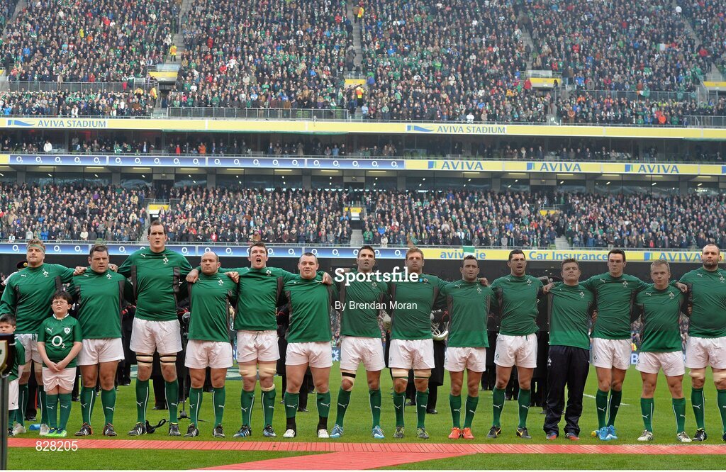 2 February 2014; The Ireland team stand for the national anthem before the game. RBS Six Nations Rugby Championship, Ireland v Scotland, Aviva Stadium, Lansdowne Road, Dublin. Picture credit: Brendan Moran / SPORTSFILE