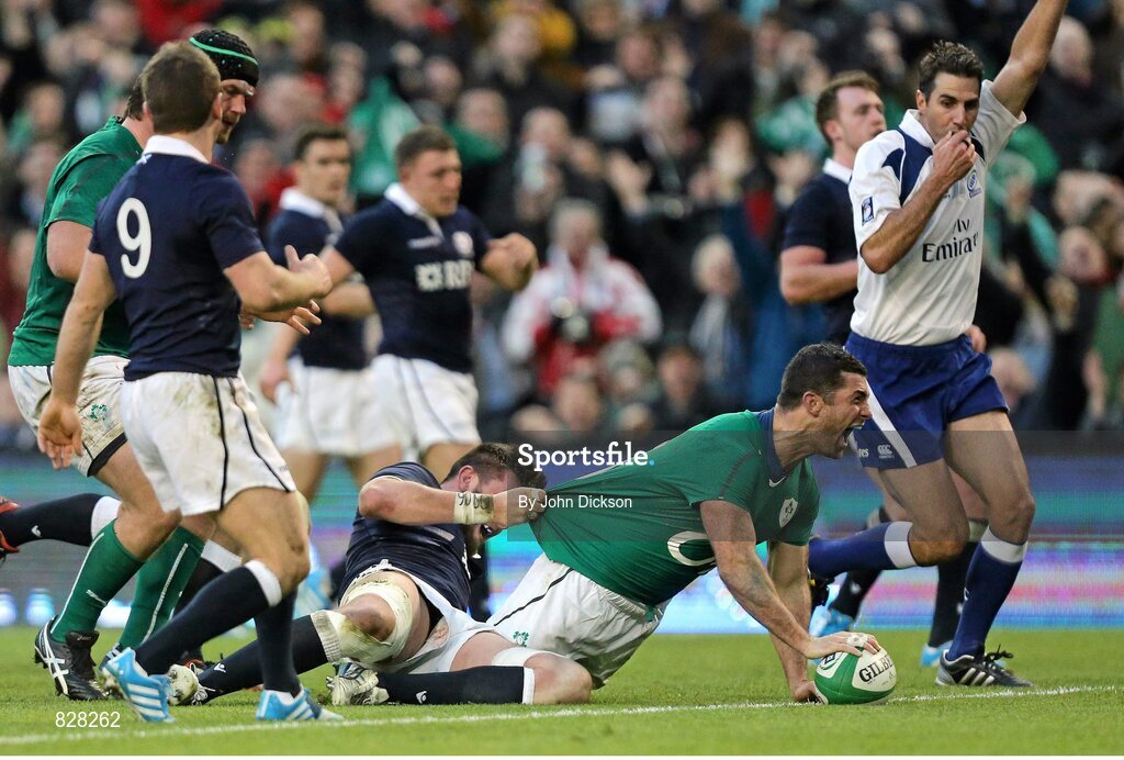 2 February 2014; Rob Kearney, Ireland, goes over to score his side's third try despite the efforts of Ryan Wilson, Scotland. RBS Six Nations Rugby Championship, Ireland v Scotland, Aviva Stadium, Lansdowne Road, Dublin. Picture credit: John Dickson / SPORTSFILE