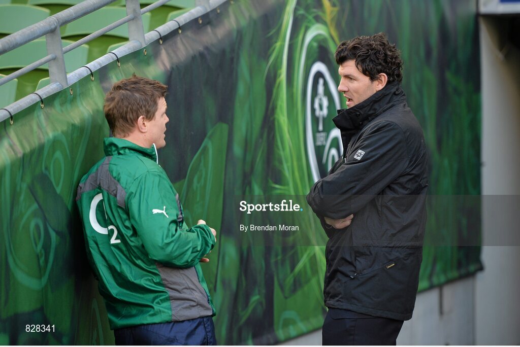 2 February 2014; Ireland's Brian O'Driscoll in conversation with former Ireland winger and current RTE rugby analyst Shane Horgan ahead of the game. RBS Six Nations Rugby Championship, Ireland v Scotland, Aviva Stadium, Lansdowne Road, Dublin. Picture credit: Brendan Moran / SPORTSFILE