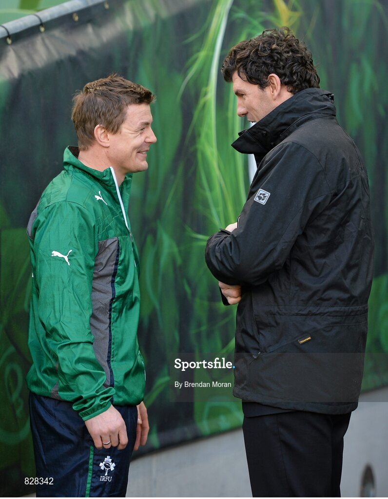 2 February 2014; Ireland's Brian O'Driscoll in conversation with former Ireland winger and current RTE rugby analyst Shane Horgan ahead of the game. RBS Six Nations Rugby Championship, Ireland v Scotland, Aviva Stadium, Lansdowne Road, Dublin. Picture credit: Brendan Moran / SPORTSFILE