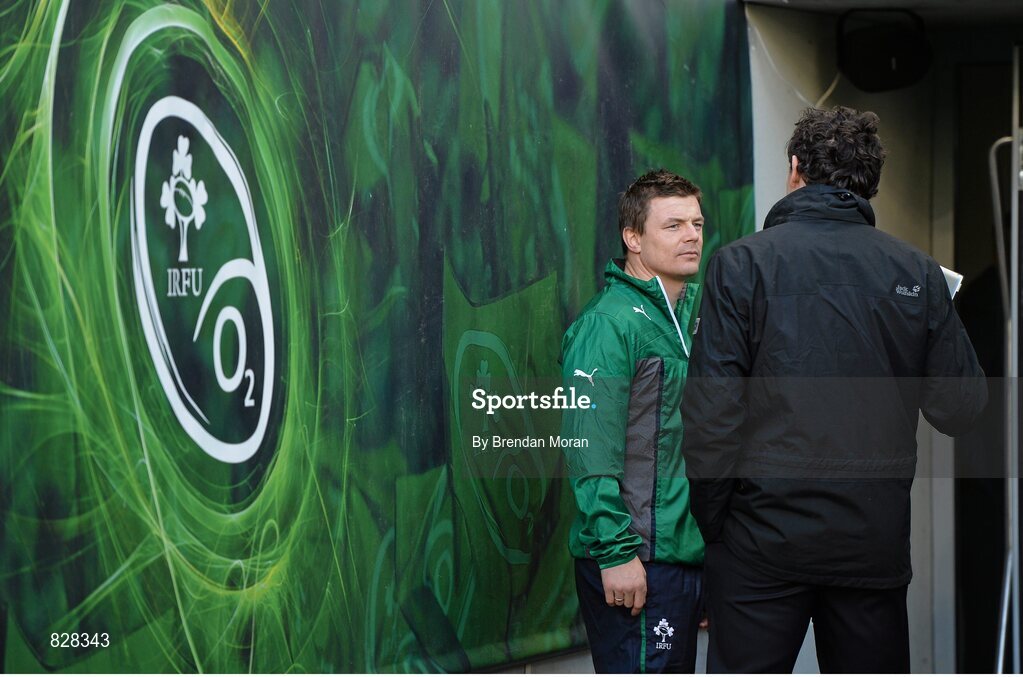 2 February 2014; Ireland's Brian O'Driscoll in conversation with former Ireland winger and current RTE rugby analyst Shane Horgan ahead of the game. RBS Six Nations Rugby Championship, Ireland v Scotland, Aviva Stadium, Lansdowne Road, Dublin. Picture credit: Brendan Moran / SPORTSFILE