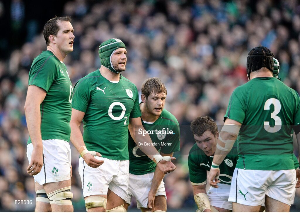 2 February 2014; Ireland players, from left, Devin Toner, Dan Tuohy, Chris Henry and Peter O'Mahony. RBS Six Nations Rugby Championship, Ireland v Scotland, Aviva Stadium, Lansdowne Road, Dublin. Picture credit: Brendan Moran / SPORTSFILE
