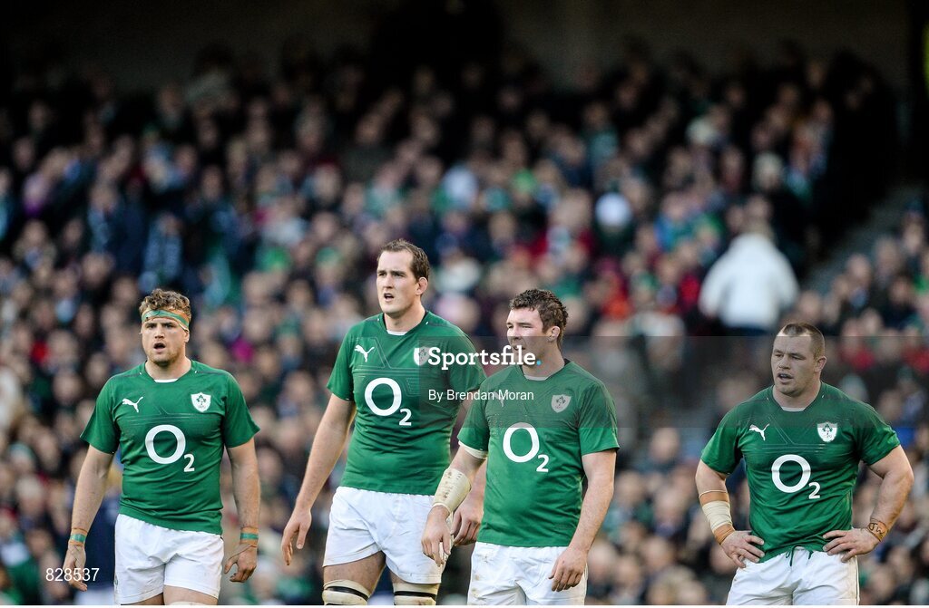2 February 2014; Ireland players, from left, Jamie Heaslip, Devin Toner, Peter O'Mahony and Cian Healy. RBS Six Nations Rugby Championship, Ireland v Scotland, Aviva Stadium, Lansdowne Road, Dublin. Picture credit: Brendan Moran / SPORTSFILE