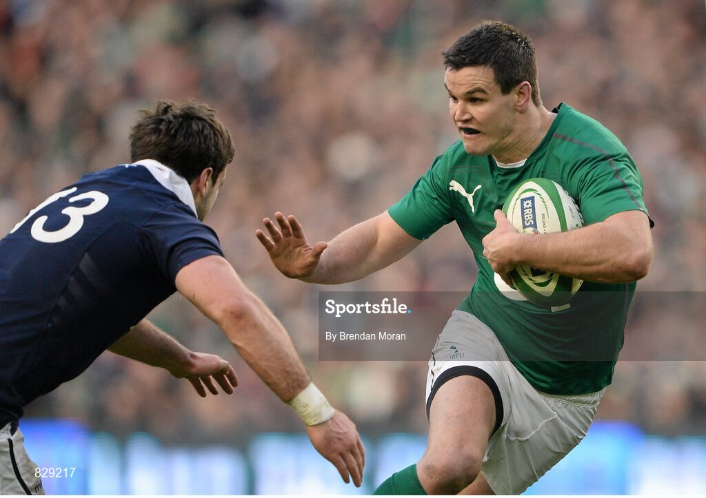 2 February 2014; Jonathan Sexton, Ireland, in action against Alex Dunbar, Scotland. RBS Six Nations Rugby Championship, Ireland v Scotland, Aviva Stadium, Lansdowne Road, Dublin. Picture credit: Brendan Moran / SPORTSFILE