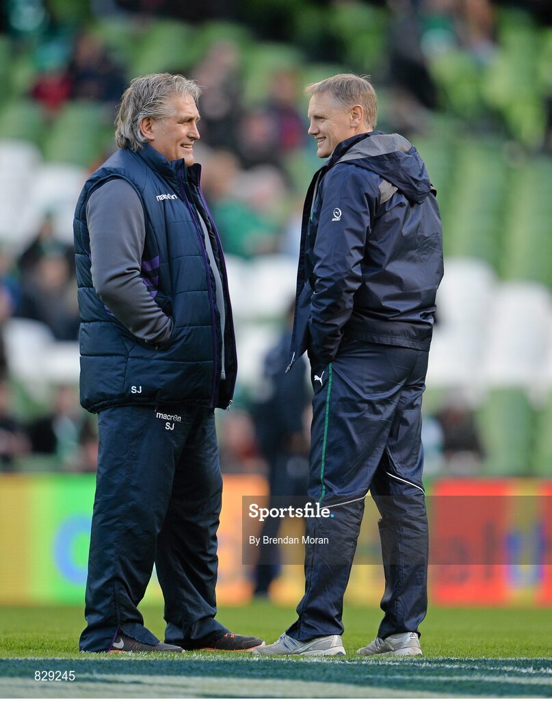 2 February 2014; Scotland head coach Scott Johnson, left, with Ireland head coach Joe Schmidt. RBS Six Nations Rugby Championship, Ireland v Scotland, Aviva Stadium, Lansdowne Road, Dublin. Picture credit: Brendan Moran / SPORTSFILE