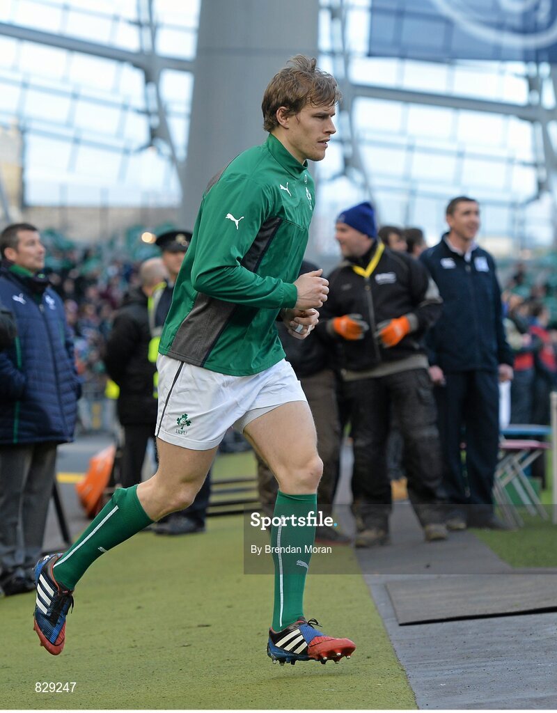 2 February 2014; Andrew Trimble, Ireland, runs out before the game. RBS Six Nations Rugby Championship, Ireland v Scotland, Aviva Stadium, Lansdowne Road, Dublin. Picture credit: Brendan Moran / SPORTSFILE