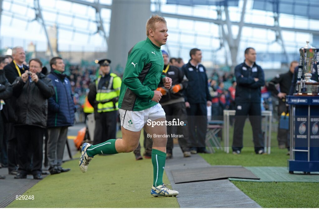 2 February 2014; Luke Marshall, Ireland, runs out before the game. RBS Six Nations Rugby Championship, Ireland v Scotland, Aviva Stadium, Lansdowne Road, Dublin. Picture credit: Brendan Moran / SPORTSFILE