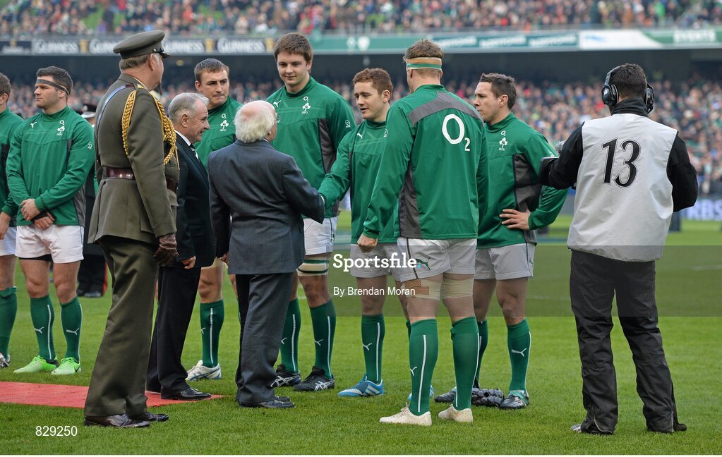 2 February 2014; President of Ireland Michael D Higgins meets Ireland's Paddy Jackson before the game. RBS Six Nations Rugby Championship, Ireland v Scotland, Aviva Stadium, Lansdowne Road, Dublin. Picture credit: Brendan Moran / SPORTSFILE