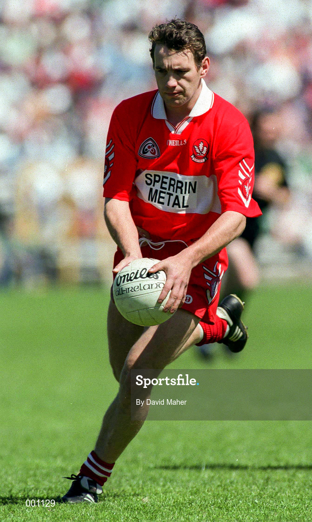 29 June 1997; Karl Diamond of Derry celebrates are scoring the opening goal during the Ulster GAA Football Senior Championship Semi-Final match between Tyrone and Derry at St. Tiernach's Park in Clones, Monaghan. Photo by David Maher/Sportsfile