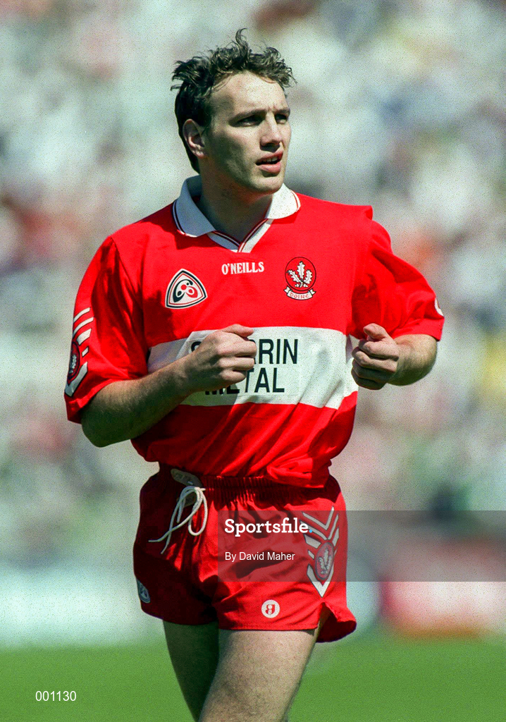 29 June 1997; Karl Diamond of Derry celebrates are scoring the opening goal during the Ulster GAA Football Senior Championship Semi-Final match between Tyrone and Derry at St. Tiernach's Park in Clones, Monaghan. Photo by David Maher/Sportsfile