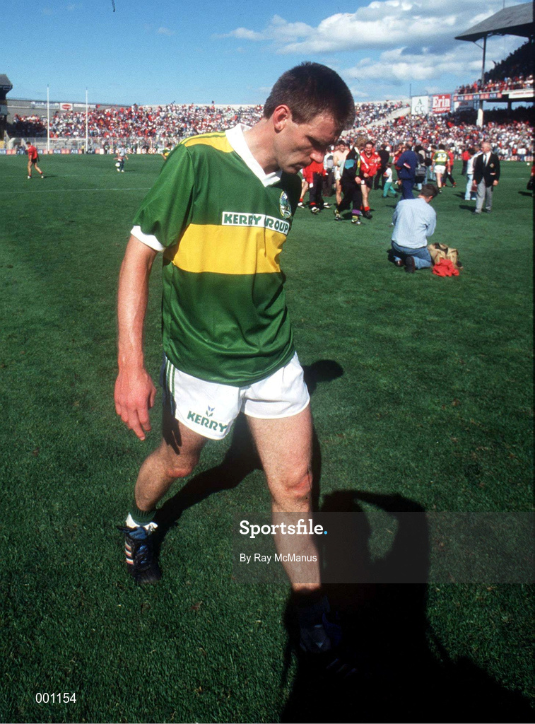 11 August 1991; A dejected Tom Spillane of Kerry following his side's defeat in the All-Ireland Senior Football Championship Semi-Final match between Down and Kerry at Croke Park in Dublin. Photo by Ray McManus/Sportsfile