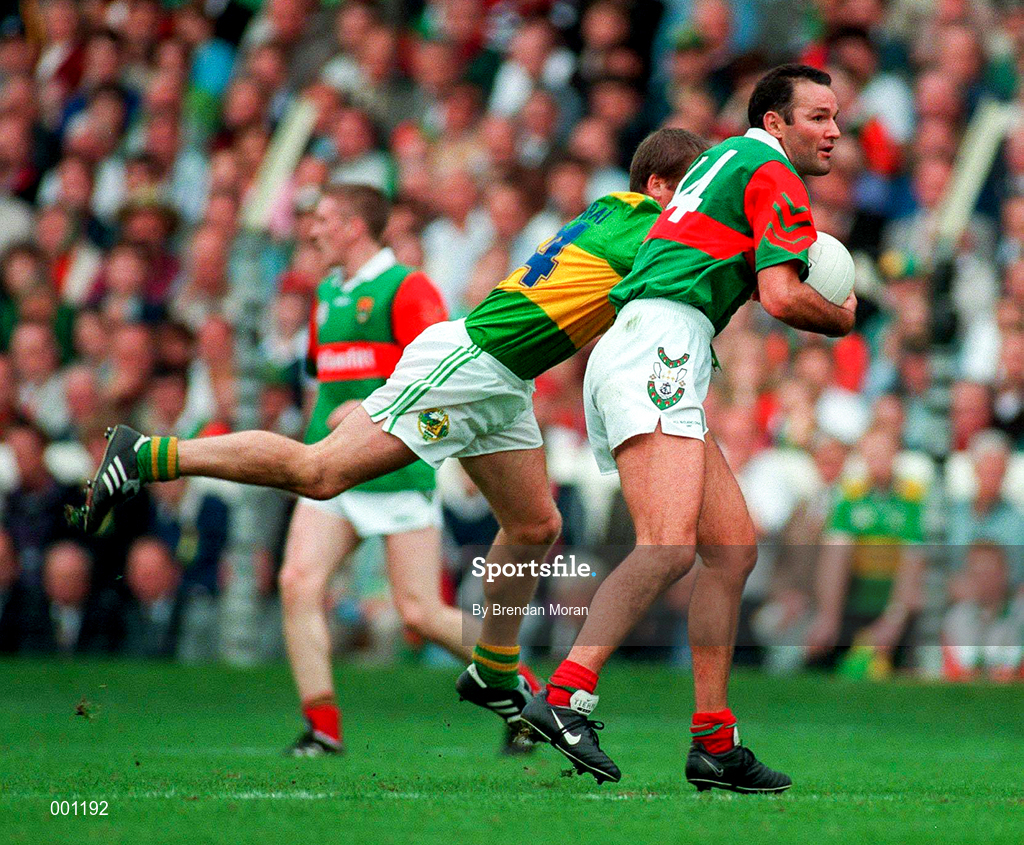 28 September 1997; Liam Mchale of Mayo in action against Dara O'Cinneide of Kerry during the GAA Football All-Ireland Senior Championship Final match between Kerry and Mayo at Croke Park in Dublin. Photo by Brendan Moran/Sportsfile