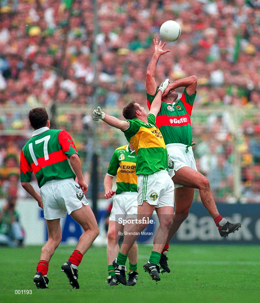 28 September 1997; Liam Mchale of Mayo in action against William Kirby of Kerry during the GAA Football All-Ireland Senior Championship Final match between Kerry and Mayo at Croke Park in Dublin. Photo by Brendan Moran/Sportsfile