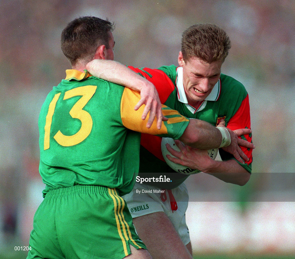 15 September 1996; Kevin Cahill of Mayo in action against Evan Kelly of Meath during the GAA All-Ireland Senior Football Championship Final between Meath and Mayo at Croke Park in Dublin. Photo by David Maher/Sportsfile