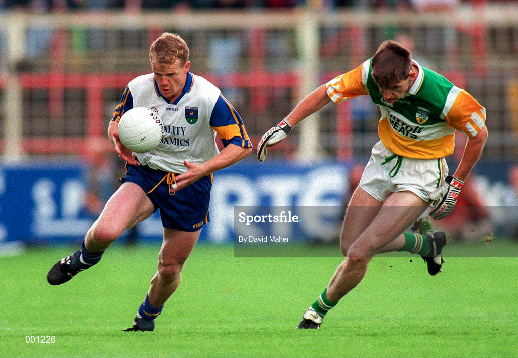 15 June 1997; Kevin O'Brien of Wicklow in action against Larry O'Carroll of Offaly during the Leinster GAA Senior Football Championship Quarter-Final match between Offaly and Wicklow at Croke Park in Dublin. Photo by David Maher/Sportsfile