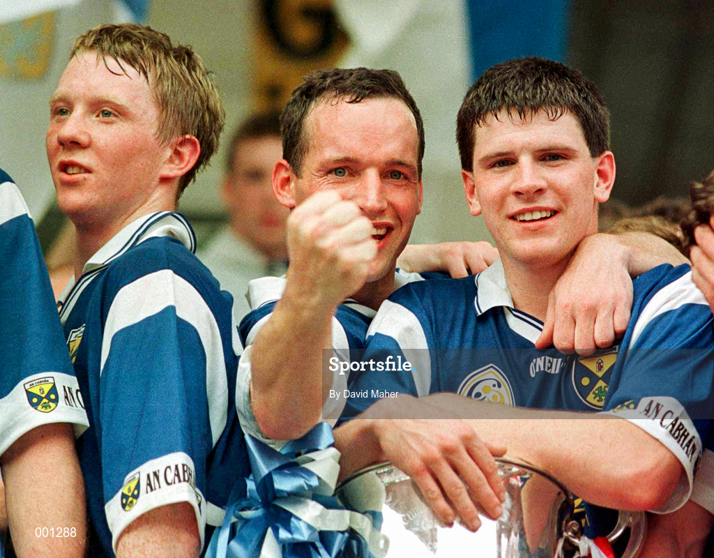 20 July 1997; Cavan players, from left, Jason Reilly, Damien Reilly and Larry Reilly of Cavan with the cup following the Ulster GAA Football Senior Championship Final match between Cavan and Derry at St. Tiernach's Park in Clones, Monaghan. Photo by David Maher/Sportsfile