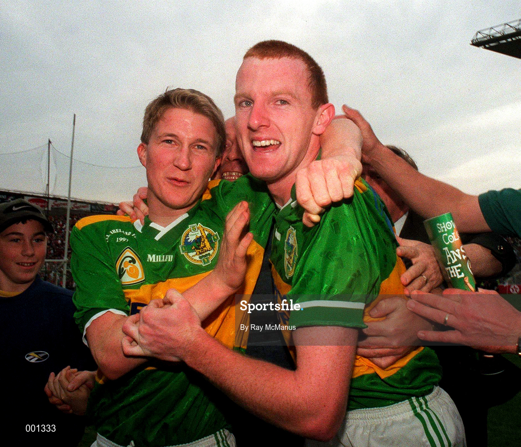 28 September 1997; Kerry Captain Liam Hassett celebrates with team-mate Michael Francis Russell following the GAA All-Ireland Senior Football Final match between Kerry and Mayo at Croke Park in Dublin. Photo by Ray McManus/Sportsfile