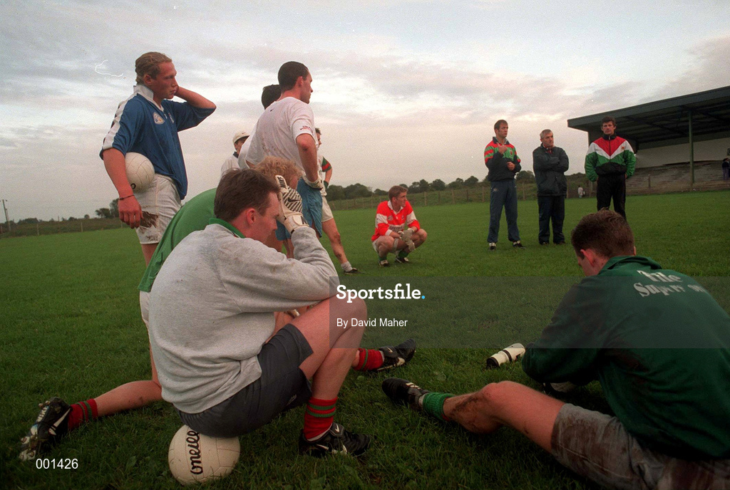 16 September 1997; Mayo team listen to Mayo manager John Maughan, left, with Selectors Tom O'Malley and Peter Forde during the GAA Football Mayo Training Session at Fr. O'Hara Memorial Park in Charlestown, Co Mayo. Photo by David Maher/Sportsfile