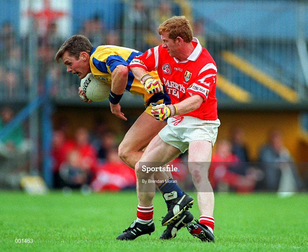 22 June 1997; Michael Hynes of Clare in action against Aidan Dorgan of Cork during the GAA Munster Senior Football Championship Semi-Final match between Clare and Cork at Cusack Park in Ennis, Clare. Photo by Brendan Moran/Sportsfile