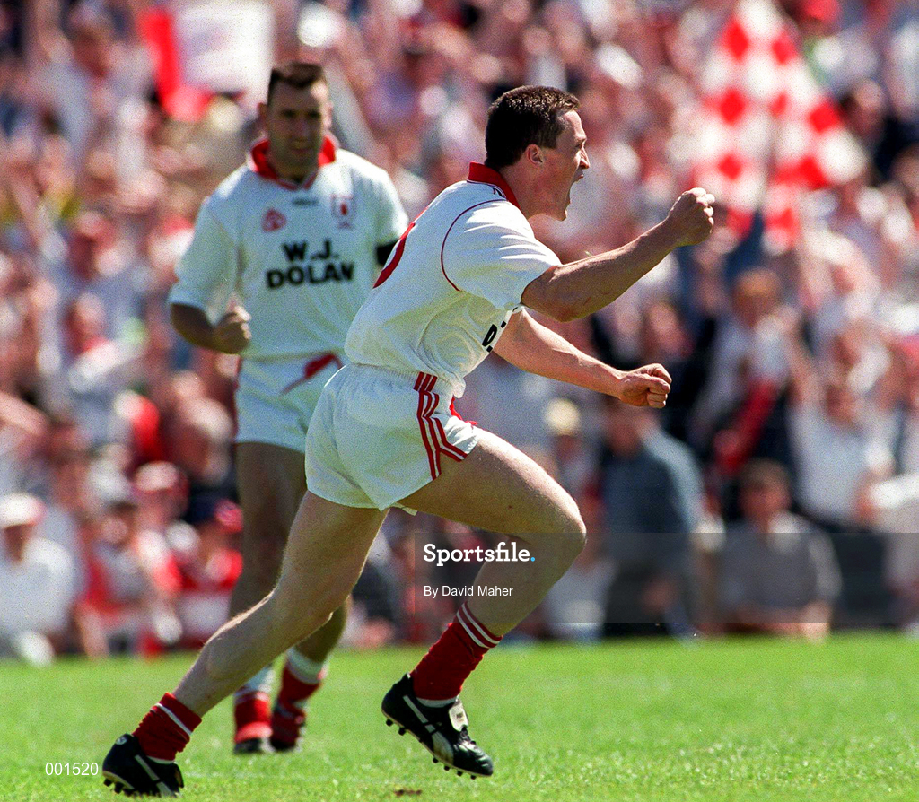 29 June 1997; Noel Donnelly of Tyrone celebrates are scoring the opening goal during the Ulster GAA Football Senior Championship Semi-Final match between Tyrone and Derry at St. Tiernach's Park in Clones, Monaghan. Photo by David Maher/Sportsfile