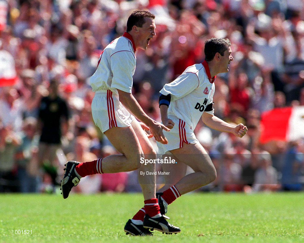 29 June 1997; Noel Donnelly of Tyrone celebrates are scoring the opening goal during the Ulster GAA Football Senior Championship Semi-Final match between Tyrone and Derry at St. Tiernach's Park in Clones, Monaghan. Photo by David Maher/Sportsfile