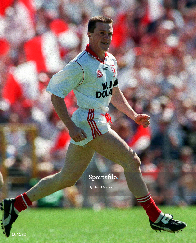 29 June 1997; Noel Donnelly of Tyrone celebrates are scoring the opening goal during the Ulster GAA Football Senior Championship Semi-Final match between Tyrone and Derry at St. Tiernach's Park in Clones, Monaghan. Photo by David Maher/Sportsfile