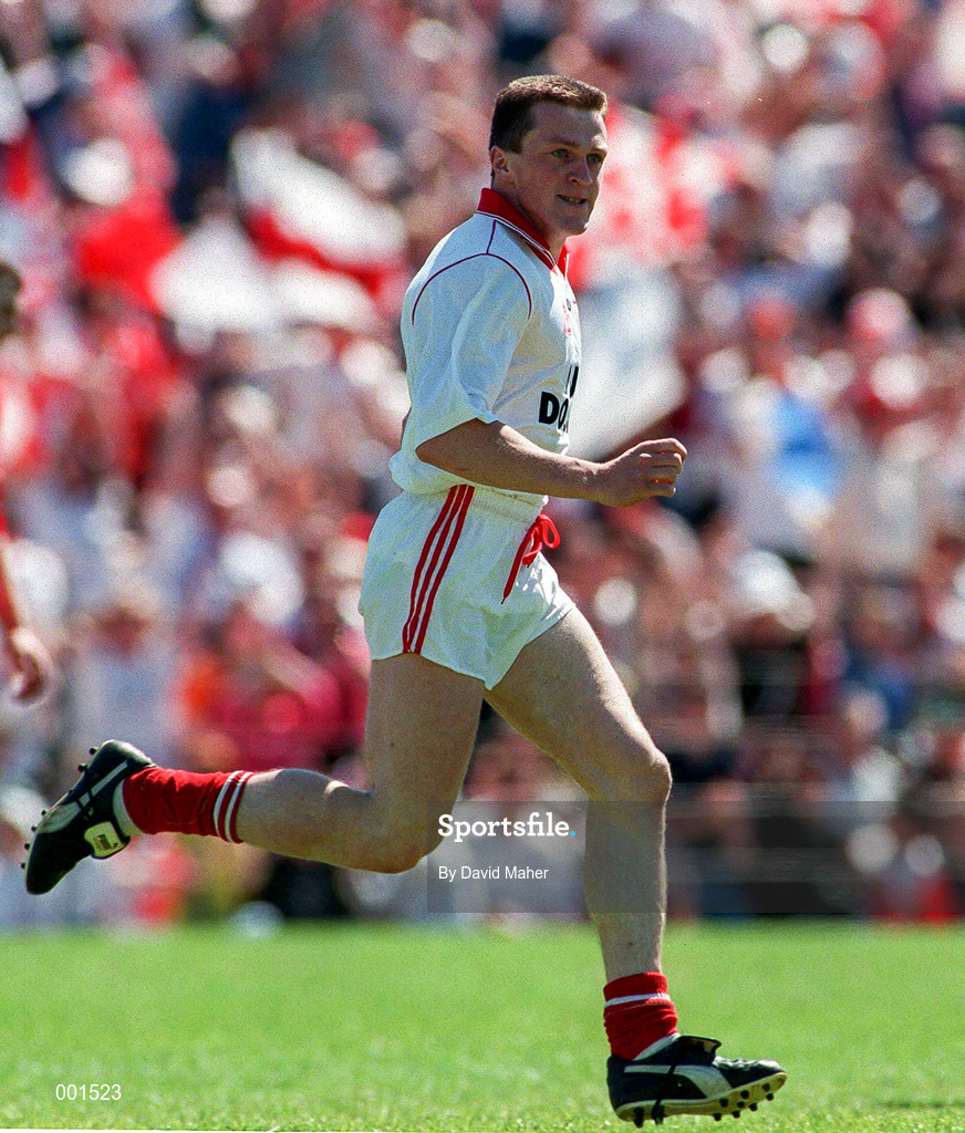 29 June 1997; Noel Donnelly of Tyrone celebrates are scoring the opening goal during the Ulster GAA Football Senior Championship Semi-Final match between Tyrone and Derry at St. Tiernach's Park in Clones, Monaghan. Photo by David Maher/Sportsfile