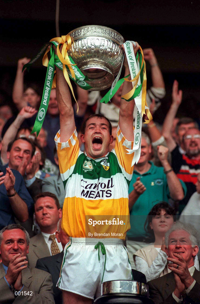 16 August 1997; Offaly captain Finbarr Cullen lifts the Leinster Cup during the Leinster GAA Senior Football Championship Final match between Offaly and Meath at Croke Park in Dublin. Photo by Brendan Moran/Sportsfile