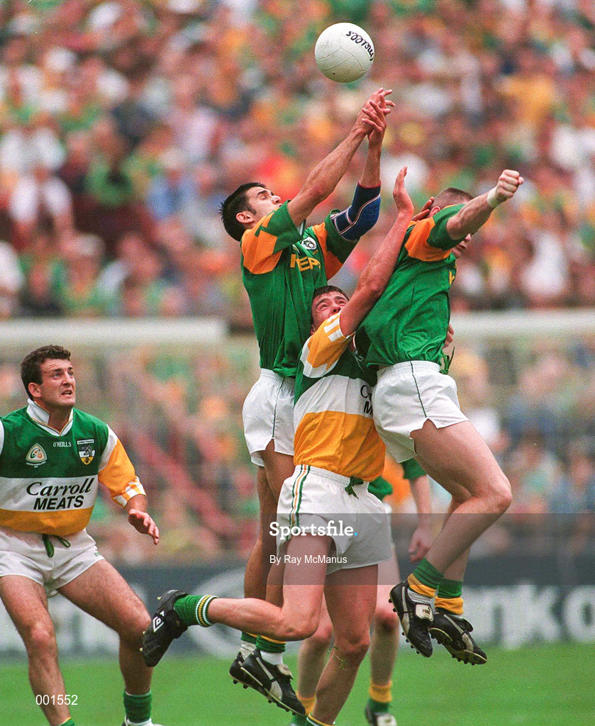 16 August 1997; Players, from left, Nigel Nestor of Meath, Ciarain McManus of Offaly, and Jimmy McGuinness of Meath during the Leinster GAA Senior Football Championship Final match between Offaly and Meath at Croke Park in Dublin. Photo by Ray McManus/Sportsfile
