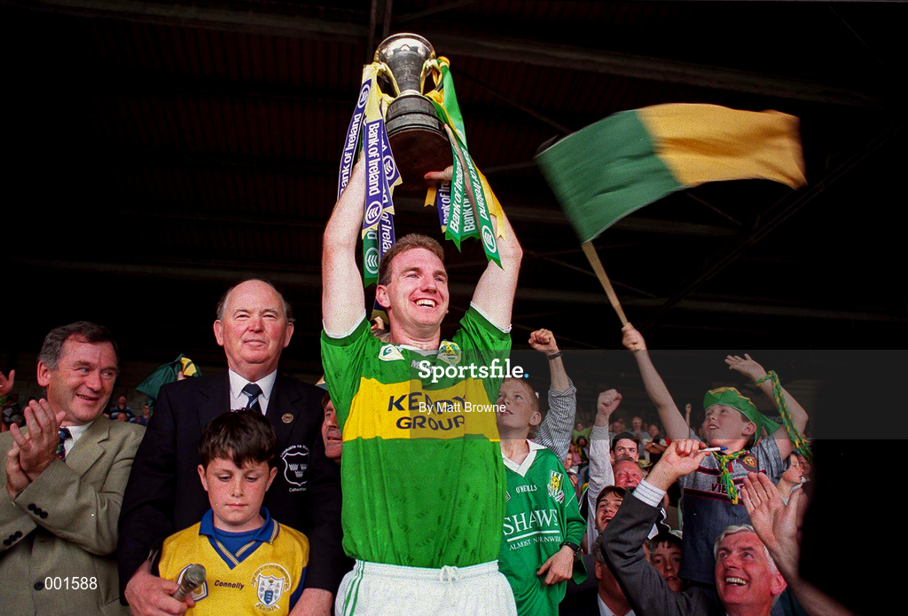 20 July 1997; Kerry captain  Mike Hassett lifts the cup following the GAA Munster Senior Football Championship Final match between Kerry and Clare at Gaelic Grounds in Limerick. Photo by Matt Browne/Sportsfile