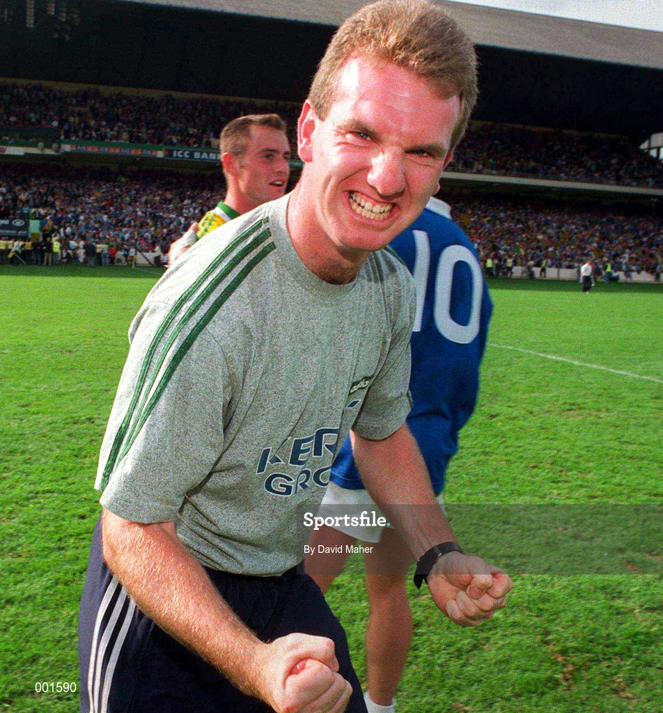 24 August 1997; Injured Kerry captain Mike Hassett celebrates following the GAA Football All-Ireland Senior Championship Semi-Final match between Cavan and Kerry at Croke Park in Dublin. Photo by David Maher/Sportsfile