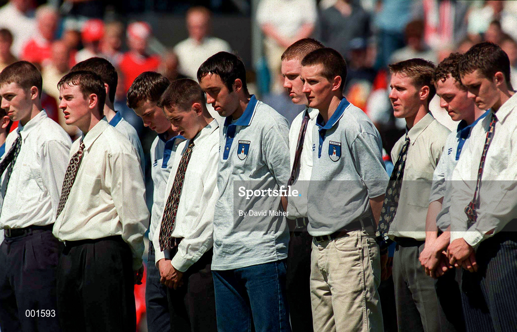 29 June 1997; Players from the Tyrone and Monaghan minoir teams stand for a minutes silence for the late Paul McGirr prior to the Ulster GAA Football Senior Championship Semi-Final match between Tyrone and Derry at St. Tiernach's Park in Clones, Monaghan. Photo by David Maher/Sportsfile