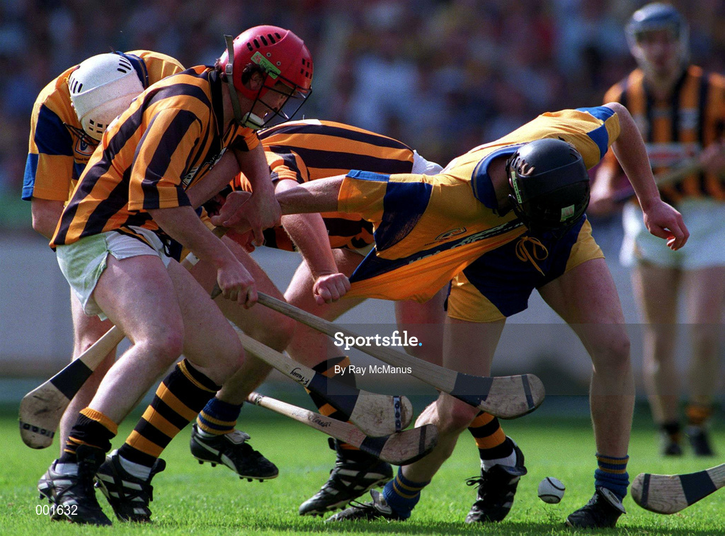 10 August 1997; Eddie O'Connor of Kilkenny in action against Niall Gilligan of Clare during the Guinness All-Ireland Senior Hurling Championship Semi-Final match between Clare and Kilkenny at Croke Park in Dublin. Photo by Ray McManus/Sportsfile