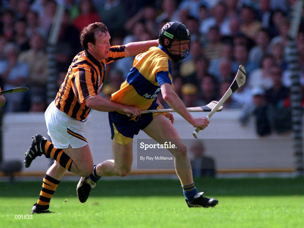 10 August 1997; Niall Gilligan of Clare in action against Willie O'Connor of Kilkennyduring the Guinness All-Ireland Senior Hurling Championship Semi-Final match between Clare and Kilkenny at Croke Park in Dublin. Photo by Ray McManus/Sportsfile