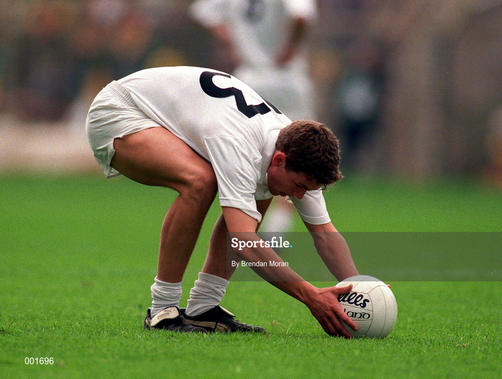 6 July 1997; Padraig Graven of Kildare lines up a free during the Leinster GAA Senior Football Championship Semi-Final match between Kildare and Meath at Croke Park in Dublin. Photo by Brendan Moran/Sportsfile